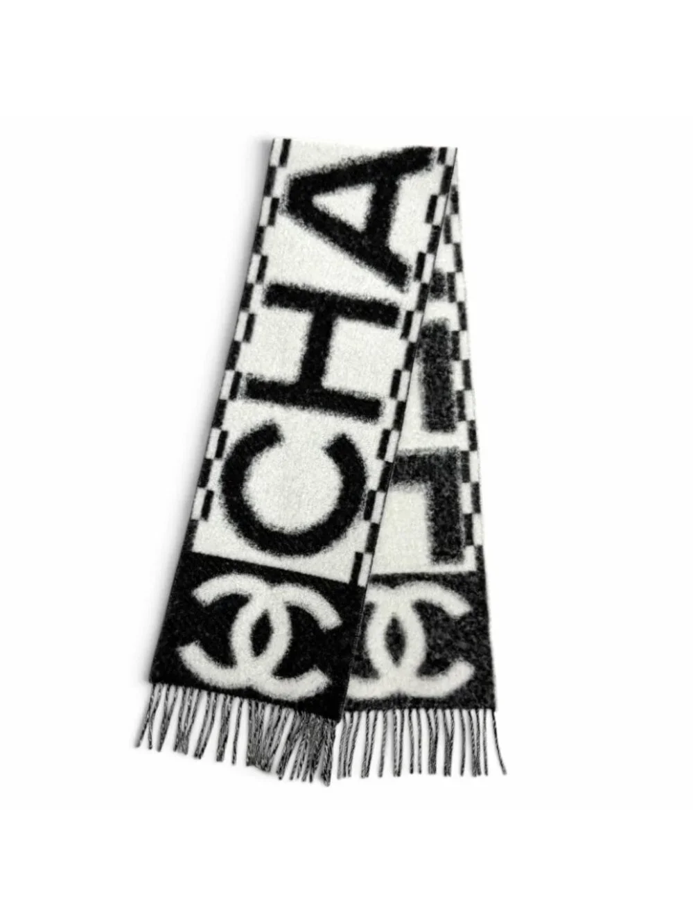 Chanel Cashmere Silk CC Logo Design Fringe Scarf White Black